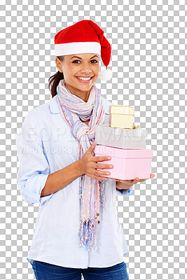 Buy stock photo Christmas present, happy woman and portrait isolated on transparent png background. Female person, festive event and xmas gift boxes for surprise celebration, present and celebrate excited holiday 