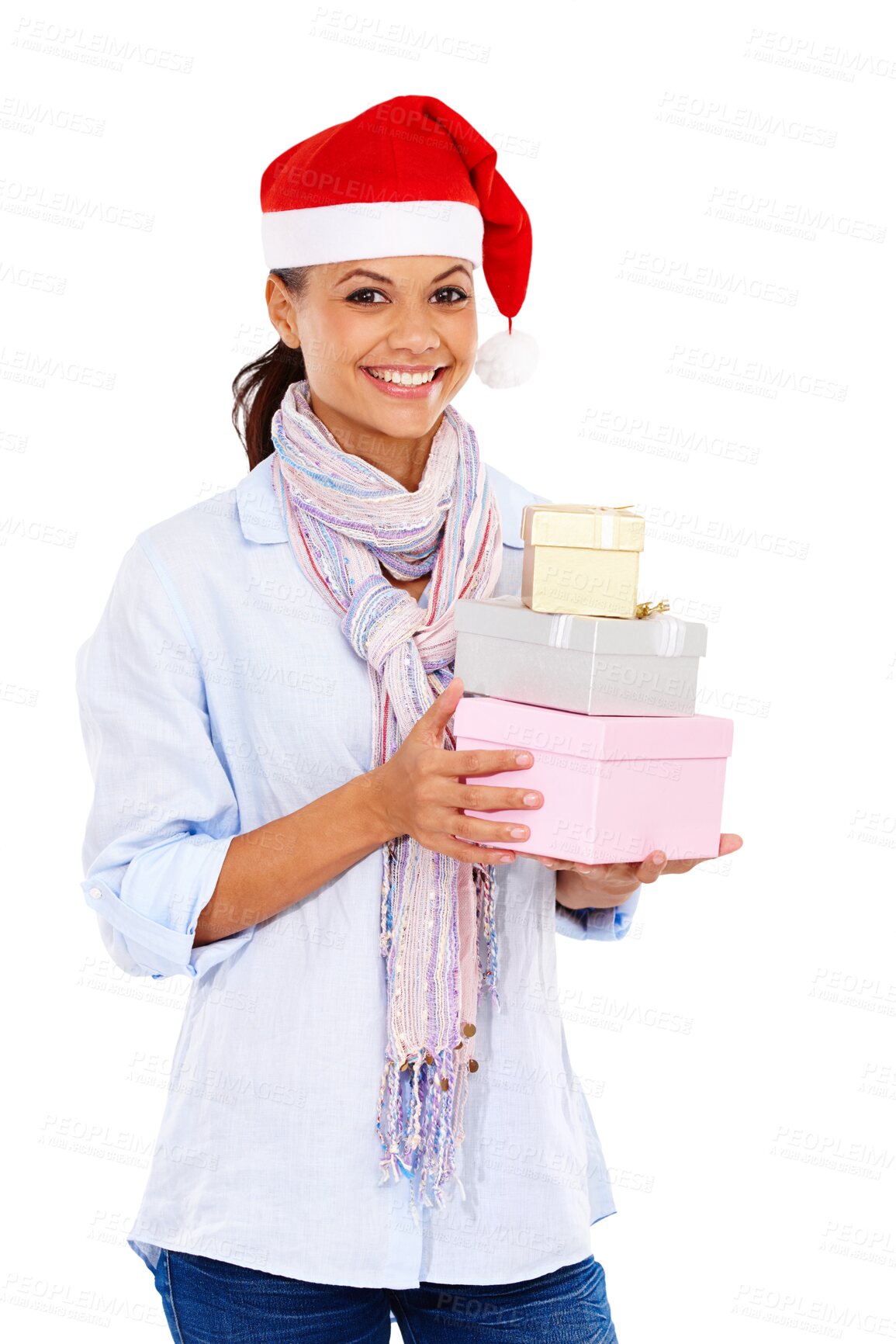 Buy stock photo Christmas present, happy woman and portrait isolated on transparent png background. Female person, festive event and xmas gift boxes for surprise celebration, present and celebrate excited holiday 