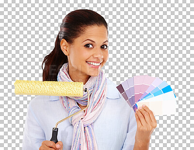 Buy stock photo Woman, color swatch and paint roller with portrait for house, home painter and wall. Smile, happy and creative female interior designer with painting tools isolated on a transparent, png background
