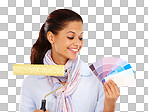 A Happy woman, color swatch and paint roller on house, home and apartment wall ideas. Smile, interior designer and creative with painting tools, vision and DIY mockup tools isolated on a png background