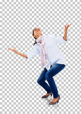 Buy stock photo Heavy, hand space and woman looking up isolated on a transparent png background. Pressure, carrying weight and struggling with a female person with burden lifting, holding with strength and power.