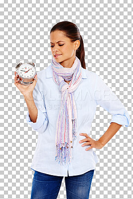 Buy stock photo Time, late and clock of worried woman with doubt from appointment schedule. Timeline, countdown and woman with alarm, stress and anxiety from watch isolated on a transparent, png background
