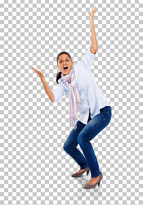 Buy stock photo Portrait, frustration and angry shock with a woman frustrated from news. Shocked, doubt and surprise with a female model with what hands reaction with anger isolated on a transparent, png background
