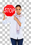 Woman, pointing at stop sign and portrait with traffic rules for caution, stop and road sign. Warning sign, red with limit and danger, road regulations and signage isolated on a png background