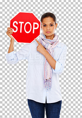 Buy stock photo Portrait, woman and pointing to traffic stop sign on isolated, transparent and png background. Poster, message and face of female with billboard for warning, emoji or ban order, vote or control board