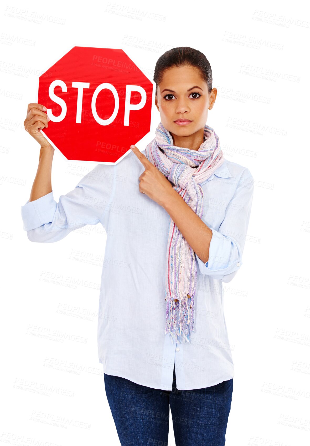 Buy stock photo Portrait, woman and pointing to traffic stop sign on isolated, transparent and png background. Poster, message and face of female with billboard for warning, emoji or ban order, vote or control board