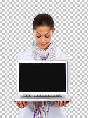 Buy stock photo Laptop screen, mockup and woman isolated on transparent, png background for teaching, learning and website marketing. Biracial person or student on computer, college application or presentation space