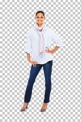 Buy stock photo Portrait, fashion and smile with a woman on PNG isolated on a transparent background standing hand on hip. Happy, style and confidence with an attractive young female model posing in trendy clothes