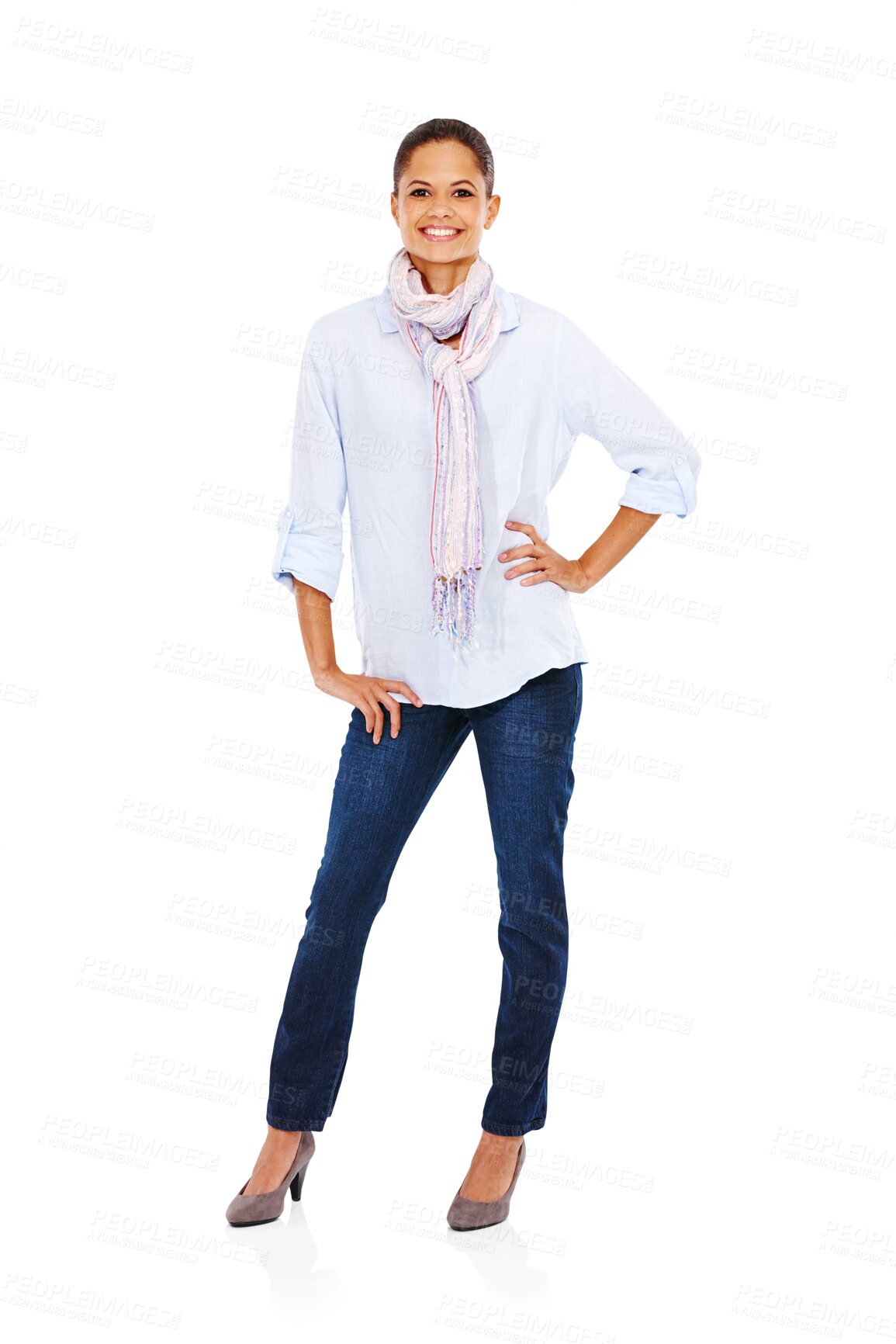 Buy stock photo Portrait, fashion and smile with a woman on PNG isolated on a transparent background standing hand on hip. Happy, style and confidence with an attractive young female model posing in trendy clothes