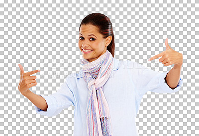 Buy stock photo Happy, fashion and portrait of woman pointing with smile and stylish outfit with scarf. Happiness, excited and female model with trendy style and point gesture isolated by transparent png background.