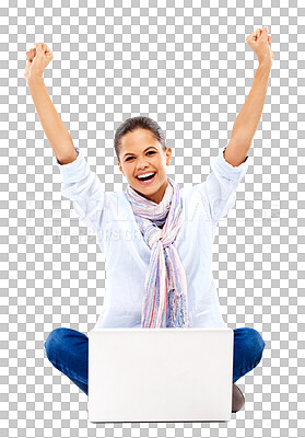 Buy stock photo Winning, excited portrait and woman on laptop isolated on transparent, png background for good news, bonus or success. Happy, biracial person or winner with fist, yes or wow on computer for giveaway