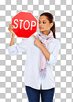 Woman, pointing and stop road sign, traffic rules and caution with stop sign isolated on a png background. Warning sign, red with limit and danger, road regulations and  young female with signage