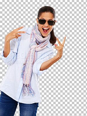 Buy stock photo Peace sign, sunglasses and woman portrait isolated on transparent, png background excited for retail sales or deal. Happy young person or fashion style model with trendy eye care, cool emoji or hands