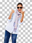 Sunglasses, fashion and woman with thumbs up. Portrait, ok hand gesture and stylish, trendy and cool female with thumbsup for support, thank you or like emoji isolated on a png background