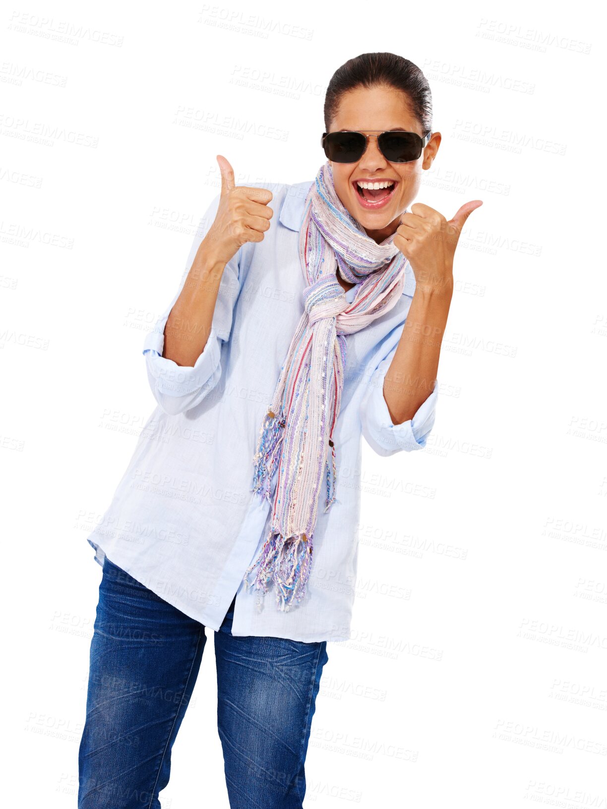 Buy stock photo Portrait, thumbs up and excited woman with sunglasses isolated on a transparent png background. Hand gesture, like emoji and happy female person with approval, agreement or success, ok or thank you.