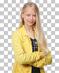 Fashion, smile and portrait of a girl child in a studio with a trendy, cool and stylish teenager outfit. Beauty, happy and face of casual young kid model with blonde hair isolated on a png background