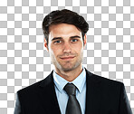 Face, businessman and leader in studio with future vision while standing on isolated on a png background. Portrait, handsome and young entrepreneur motivated by startup goal, idea and mindset while isolated