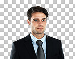 Face, vision and mockup with a business man for future growth. Mission, mindset and focus with a male employee looking serious while posing on blank space isolated on a png background