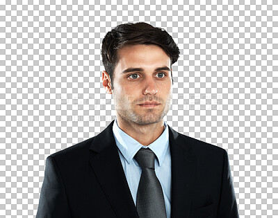 Buy stock photo Serious, thinking and a businessman with an idea, mindset and planning. Corporate, plan and focus with a male employee looking focused and concentrating isolated on a transparent png background