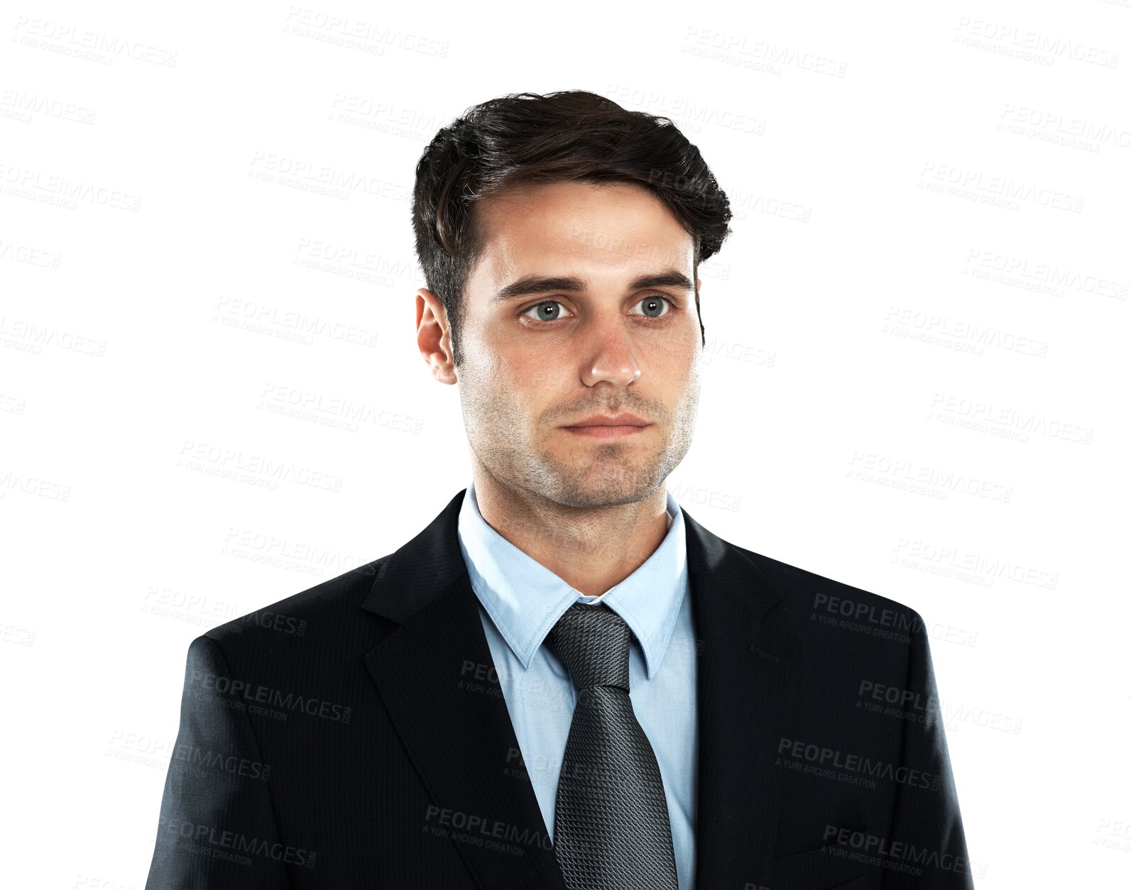 Buy stock photo Serious, thinking and a businessman with an idea, mindset and planning. Corporate, plan and focus with a male employee looking focused and concentrating isolated on a transparent png background