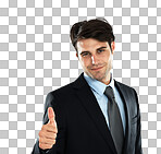 A Business man, portrait and thumbs up to show success, support and yes hand sign. isolated and happy employee with winner, thank you and motivation hands gesture ready for working isolated on a png background