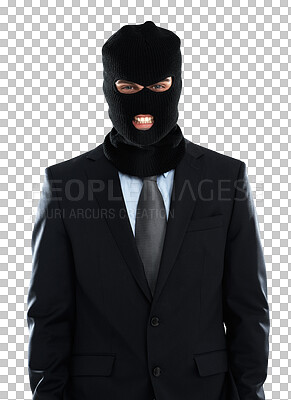 Corporate, crime and mask portrait of businessman hiding identity for criminal behaviour. Worker corruption with balaclava for theft and scam in isolated studio with isolated on a png background