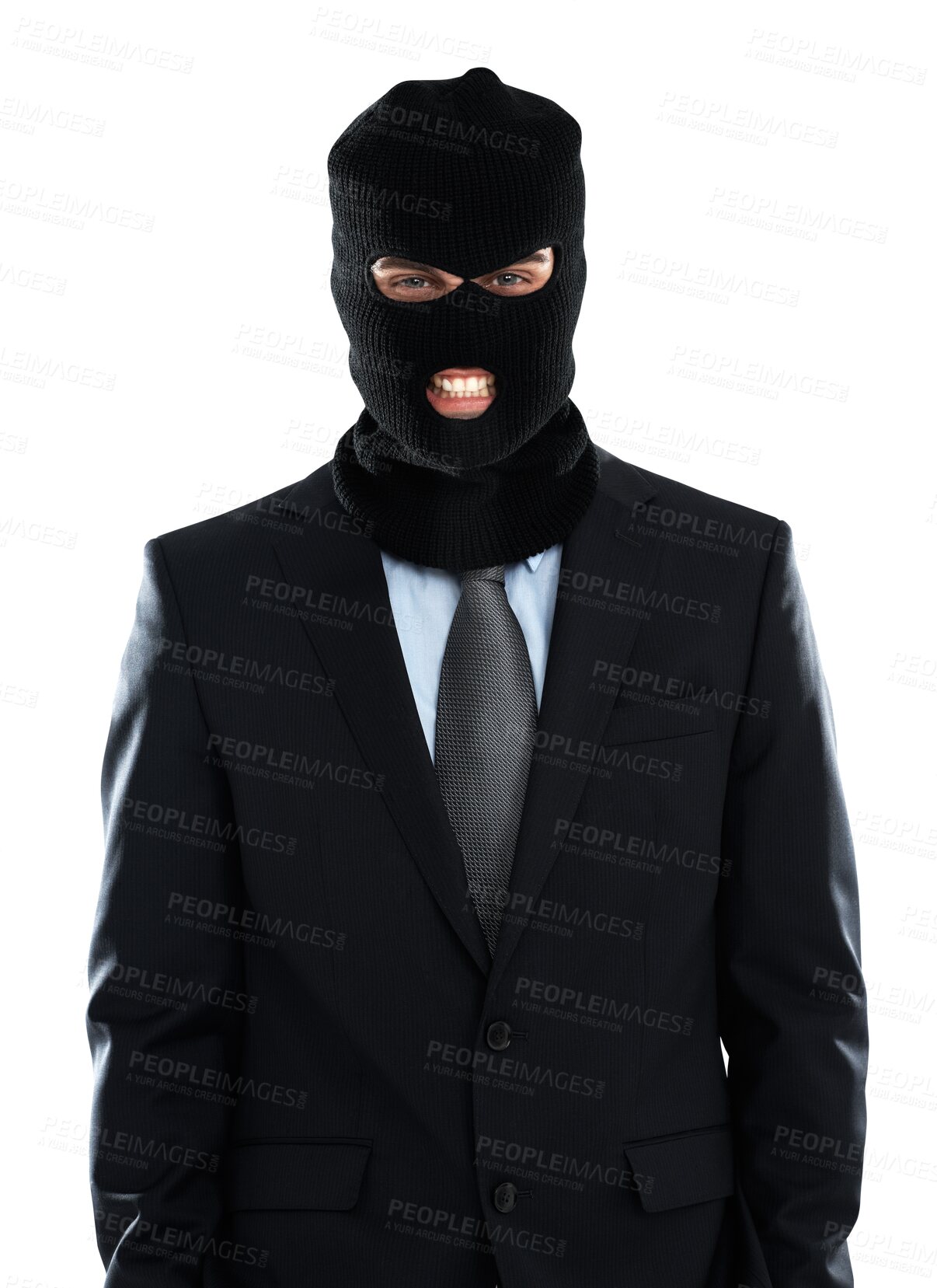 Buy stock photo Corporate, portrait and man with a mask, business and corruption isolated on a transparent background. Face cover, male professional and criminal hiding identity, baclava or sketchy behavior with png