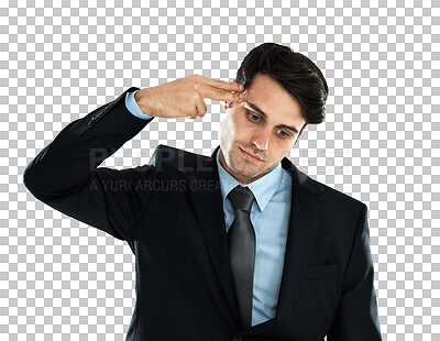 Buy stock photo Stress, business and man with a hand gun, burnout and depressed guy isolated against a transparent background. Male professional, model and worker with depression, suicide and mental health with png