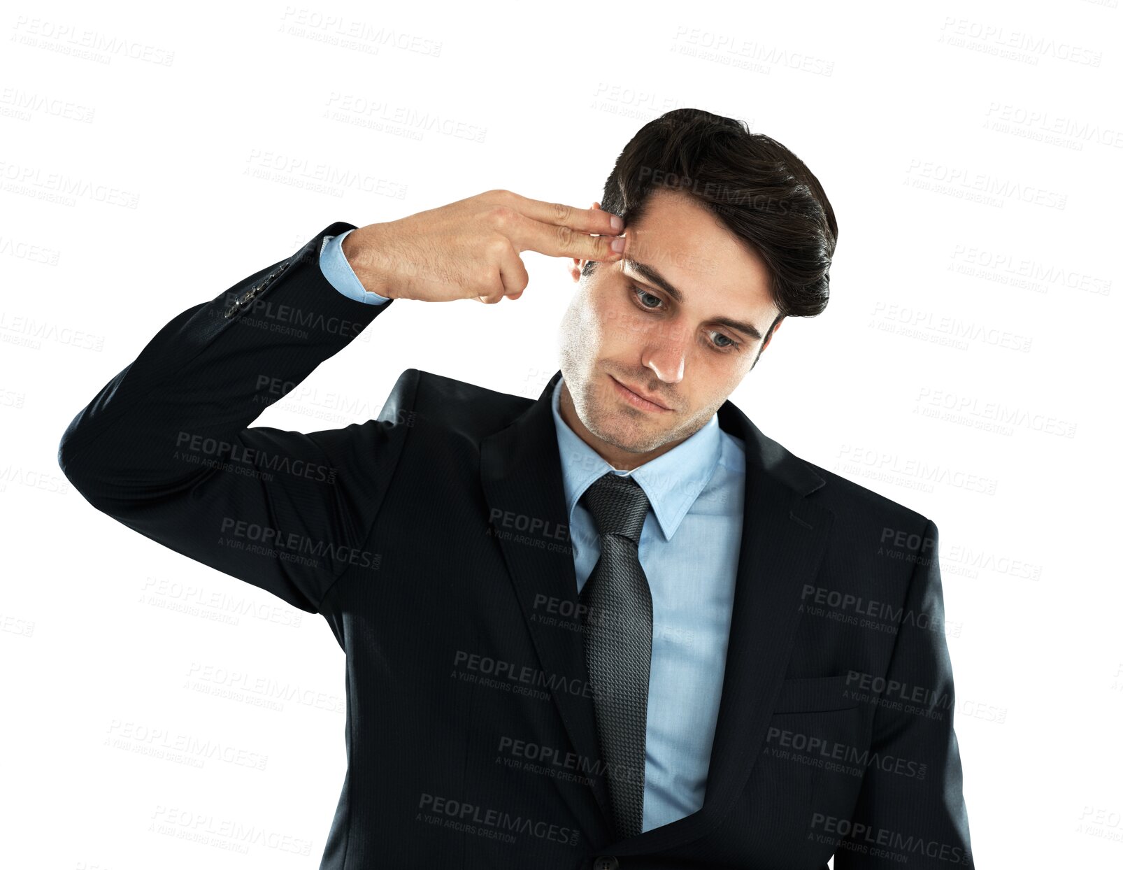 Buy stock photo Stress, business and man with a hand gun, burnout and depressed guy isolated against a transparent background. Male professional, model and worker with depression, suicide and mental health with png