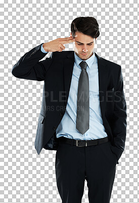 Depression, stress and businessman with finger gun to the head. Anxiety, suicide and young entrepreneur suffering mental breakdown after business fail and isolated on a png background