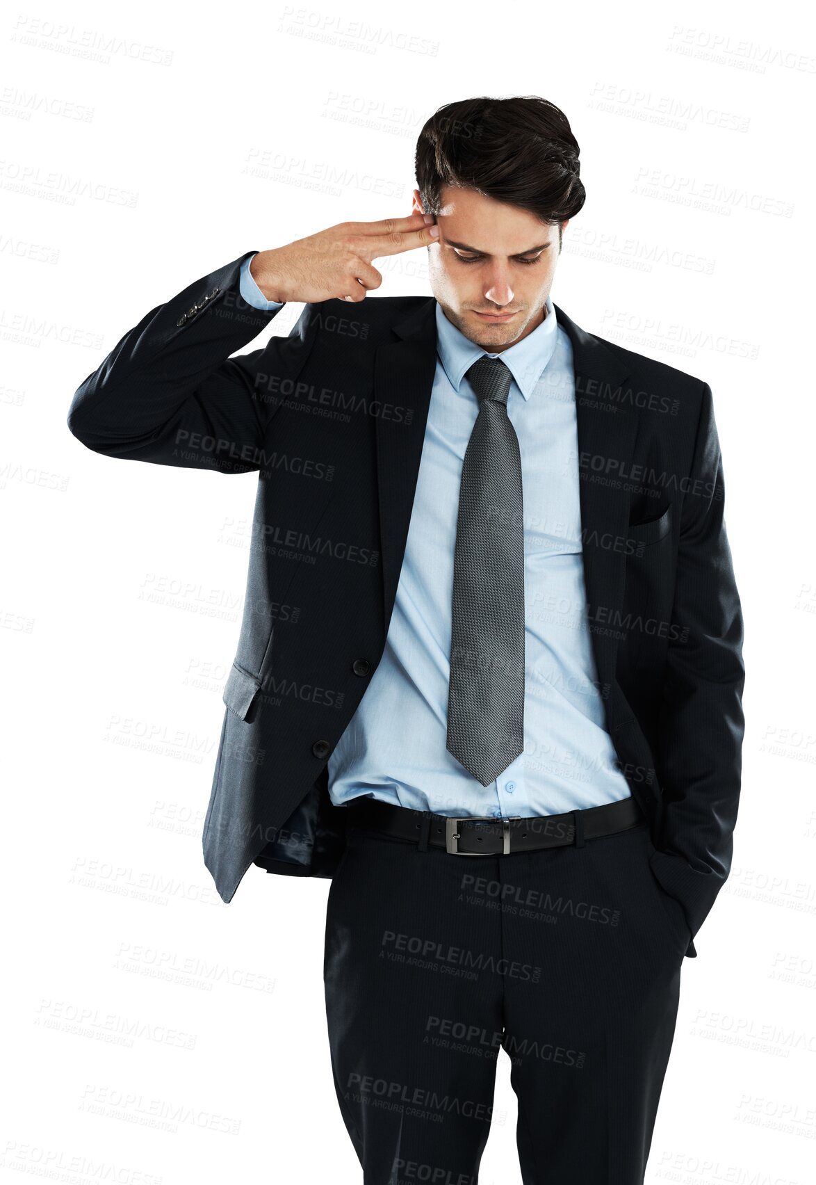 Buy stock photo Depression, stress and businessman with finger gun for problem, mistake or mental health. Anxiety, suicide and young executive depressed after business fail isolated on a transparent png background