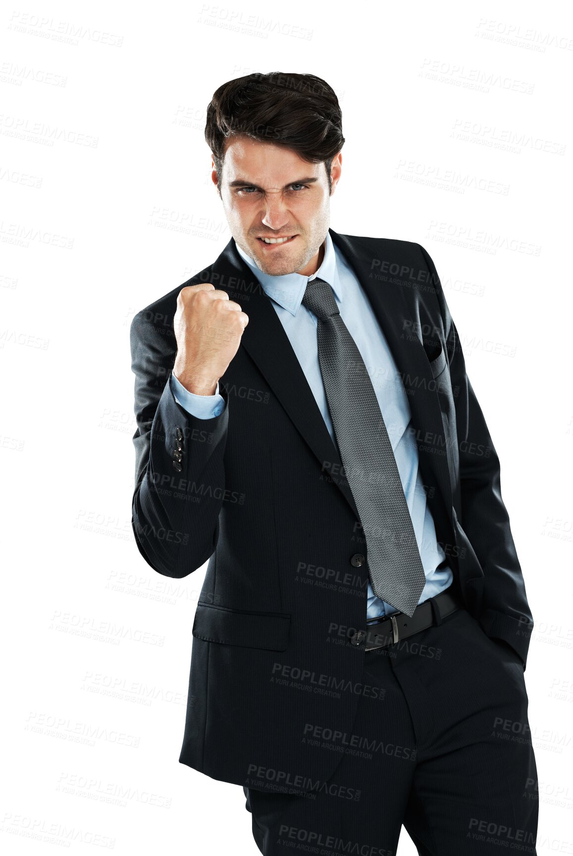 Buy stock photo Fist pump, portrait and winning man isolated on a transparent, png background for business success and power. Yes, celebration and challenge hand sign of corporate person or winner with career or job