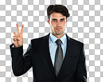 Hand sign, peace and businessman with ambition for vision, mindset. Peace sign, emoji and young entrepreneur serious about startup, idea and career goal while isolated on a png background