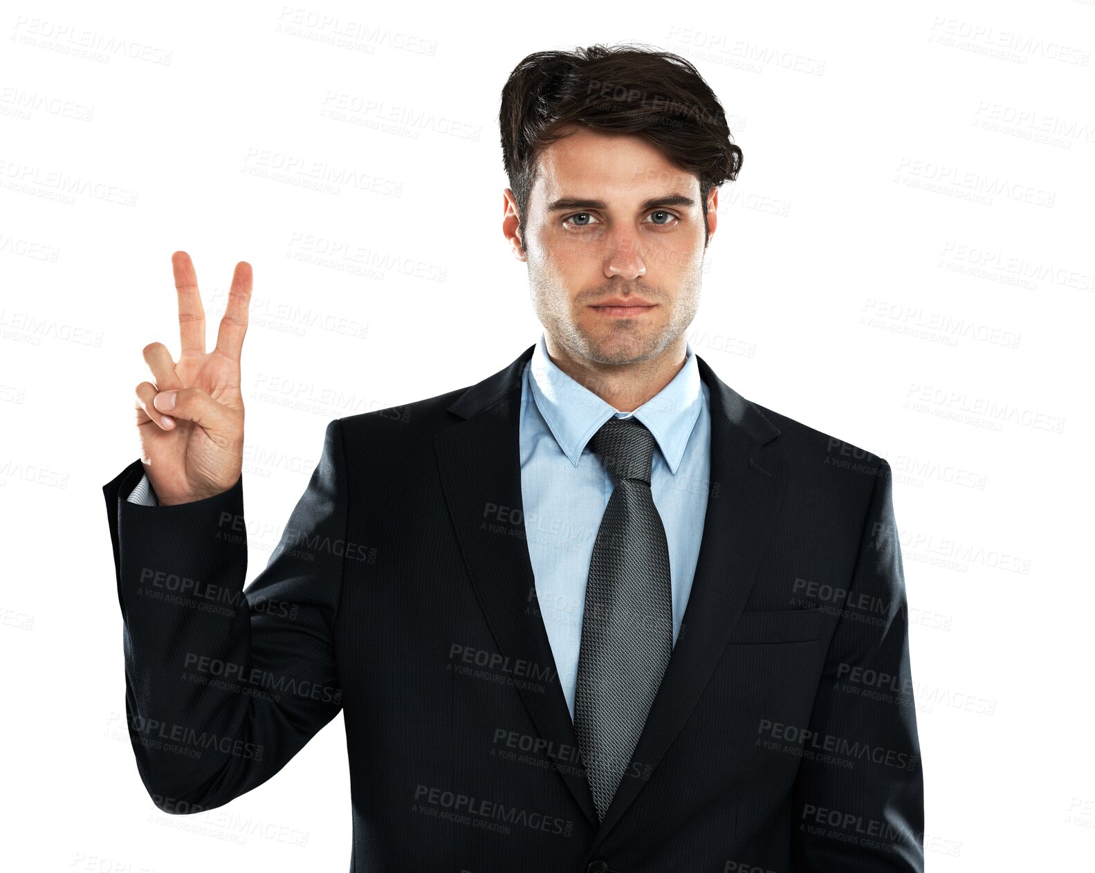 Buy stock photo Portrait, business and man with peace sign, serious and entrepreneur isolated against a transparent background. Face, male professional and employee with v gesture, png and mindset for development