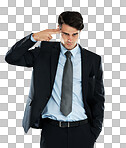 A Businessman, depression and hand gun to the head for stress. Anxiety, suicide and young entrepreneur suffering mental breakdown after business fail and isolated on a png background