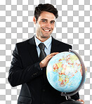 Portrait of happy man holding globe, business and in international sustainability industry isolated on a png background. Worldwide work and corporate logistics businessman with planet earth in hands.