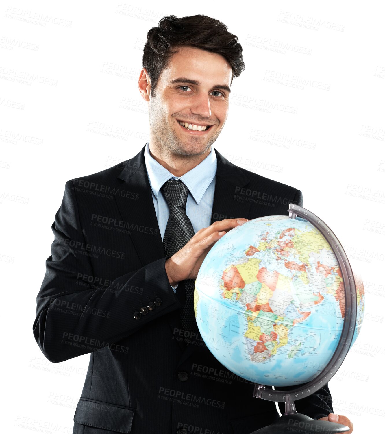 Buy stock photo Globe, world and portrait of business man for networking on isolated, png and transparent background. International, professional and male entrepreneur with earth for ecology, global travel and map