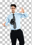 A Business man, black skull and levitation. Magician, spirit and male employee levitating head or scalp in air for evil, death or occult, voodoo or magic trick isolated on a png background