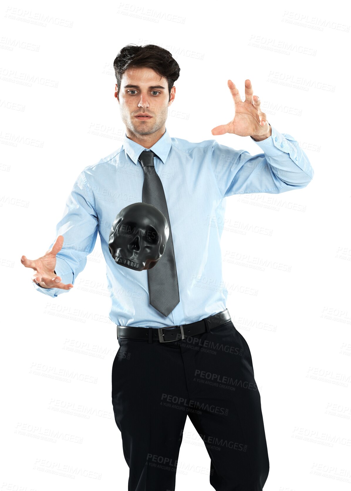 Buy stock photo Magic, levitation and businessman magician with a skull for an occult, voodoo or halloween trick. Power, spirit and goth professional male model levitating a black ornament isolated by png background