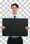 Placard mockup, portrait and happy businessman with marketing poster, advertising banner or product placement space. Billboard paper mock up, promotion sign and sales model isolated on a png background