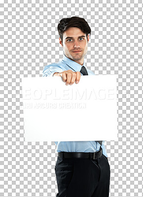 Buy stock photo Poster mockup, portrait and business man isolated on a png, transparent background for promotion or presentation. Professional, corporate person with empty board sign for advertising mock up space