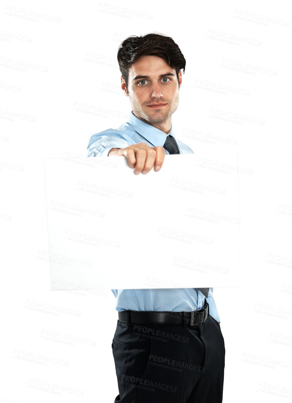 Buy stock photo Poster mockup, portrait and business man isolated on a png, transparent background for promotion or presentation. Professional, corporate person with empty board sign for advertising mock up space