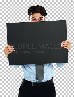 Buy stock photo Portrait, business man and peek with board isolated on a transparent png background. Copy space, mockup and person with banner or black poster for advertising, marketing and billboard promotion.