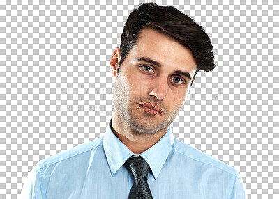 Buy stock photo Portrait, business and man with stitch on mouth, mental health problem and guy isolated against a transparent background. Face, male employee or worker with silence, lips sewn and censorship with png