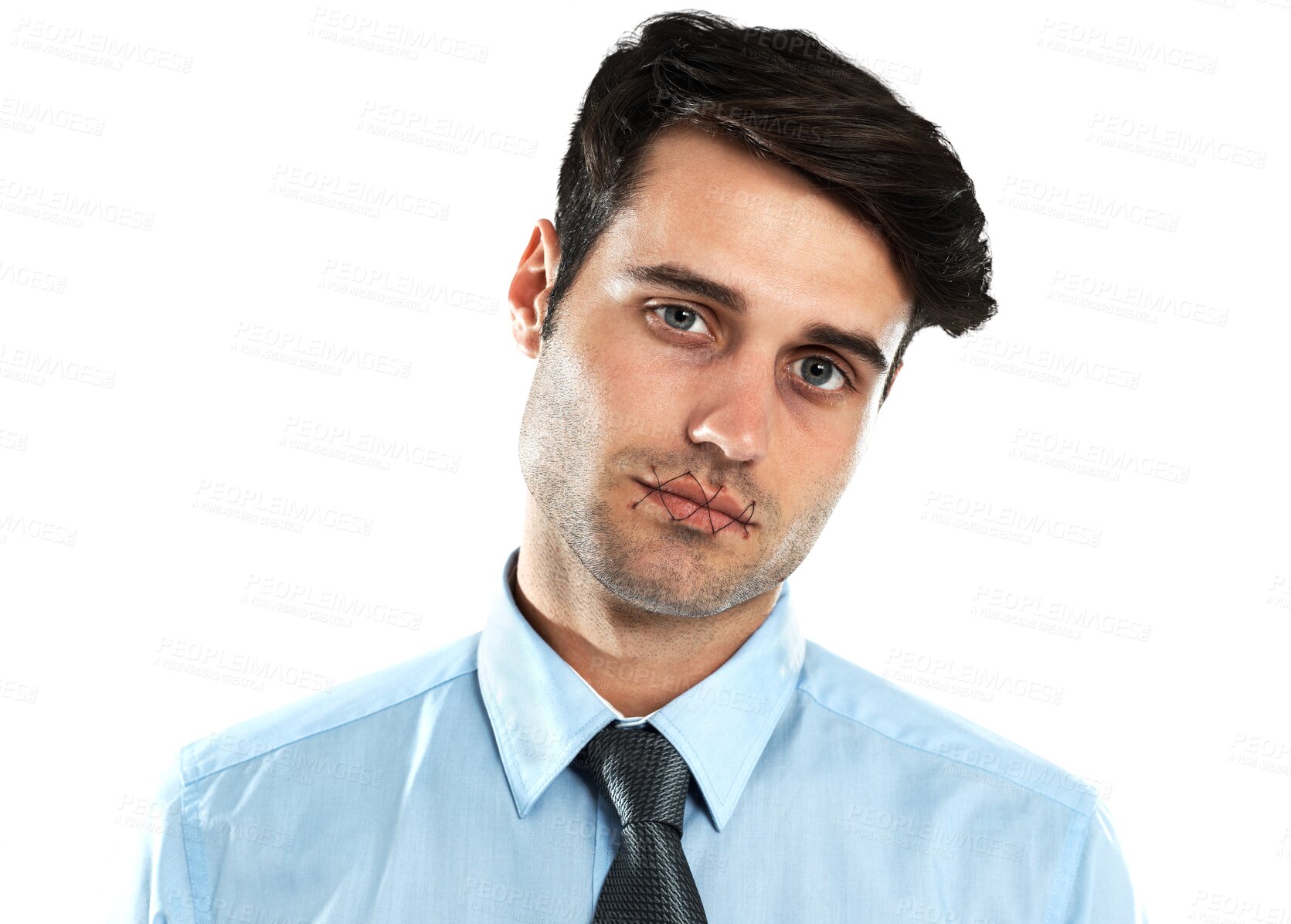 Buy stock photo Portrait, business and man with stitch on mouth, mental health problem and guy isolated against a transparent background. Face, male employee or worker with silence, lips sewn and censorship with png