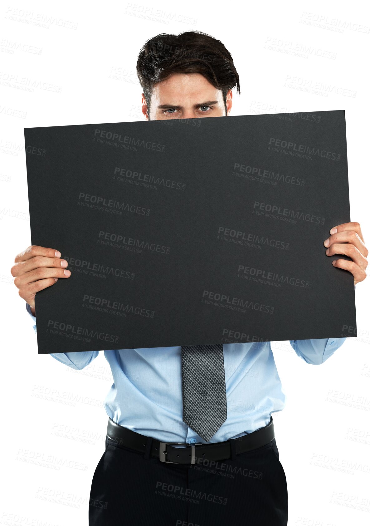 Buy stock photo Portrait, peek and business man with board isolated on transparent png background. Copy space, mockup and serious person with banner or black poster for advertising, marketing or billboard promotion.