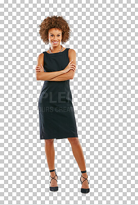Buy stock photo Business woman in full body portrait, arms crossed with success and vision isolated on transparent or png background. Corporate lawyer, female with professional mindset and smile with confidence