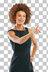 Black woman, hand and pointing by business woman in studio for advertising isolated on a png background. Woman, hand gesture and entrepreneur with vision for marketing, idea and isolated for product placement