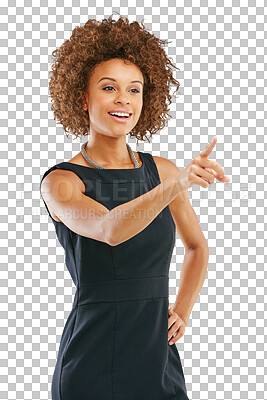 Buy stock photo Smile, woman and pointing finger for choice isolated on a transparent png background. Hand gesture, choosing or happy mixed race person or female model with emoji for decision, direction or selection