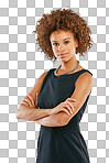 Assertive, portrait and corporate fashion of woman worker with elegant, classy and professional style. Confident leader and proud black person at isolated on a png background with arms crossed.